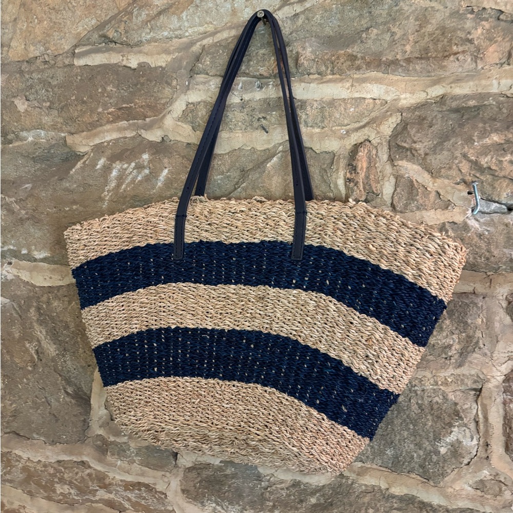Tory Burch Blue and Tan Striped Tote